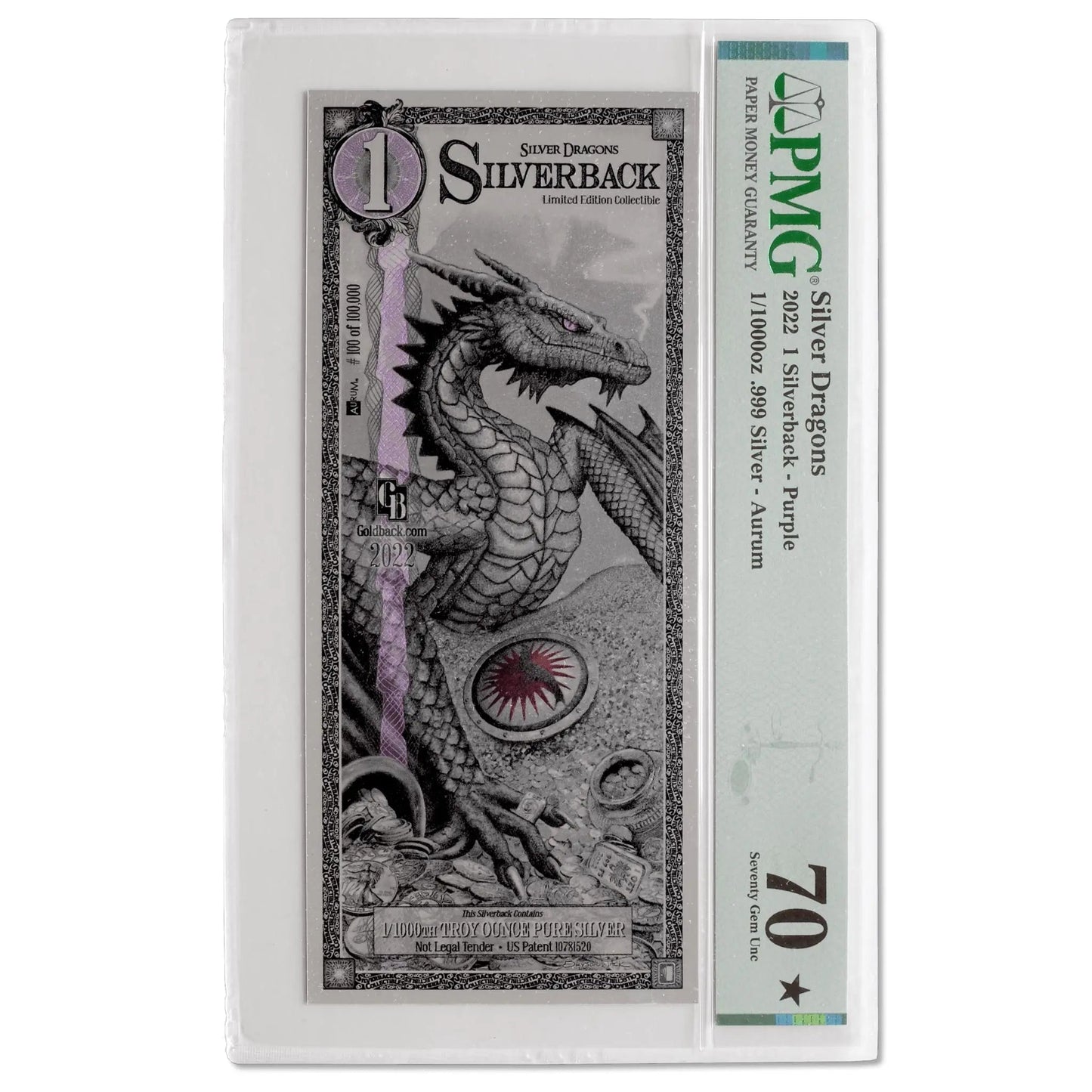 1/1000 oz SILVER DRAGON (Purple Edition) Note PMG70 2022 Silverback - Which Mark