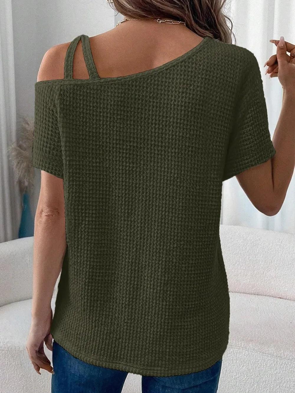 Asymmetrical Neck Short Sleeve T-Shirt - Which Mark