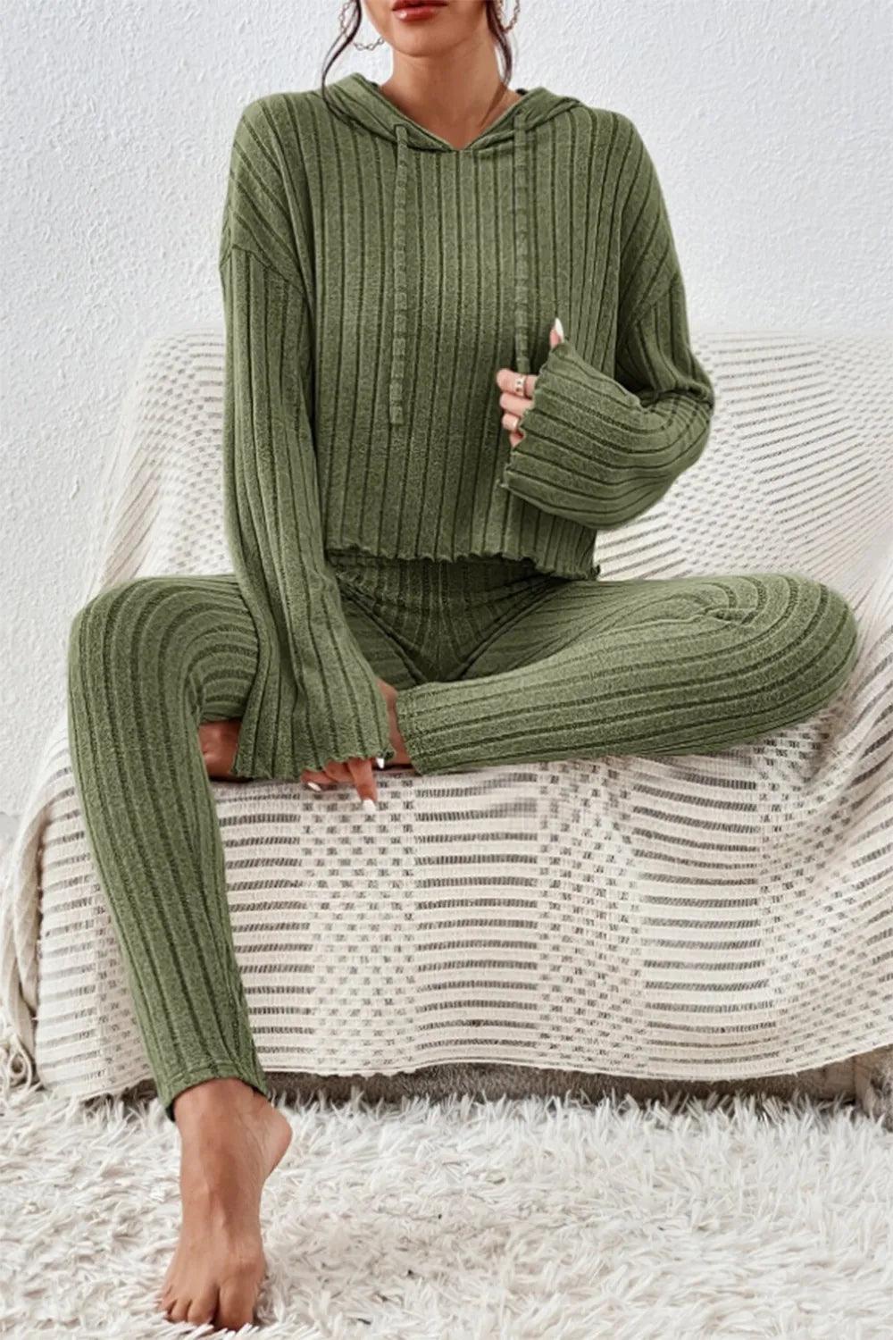 Lettuce Hem Dropped Shoulder Hooded Top and Pants Set - Which Mark