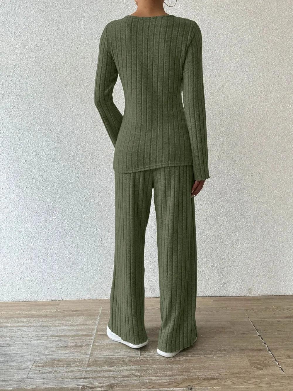 Ribbed V-Neck Long Sleeve Top and Pocketed Pants Set - Which Mark