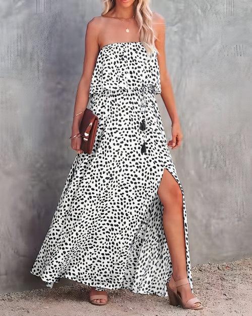 Leopard Print Floral-print Off-shoulder Ruffled Slit Dress - Which Mark