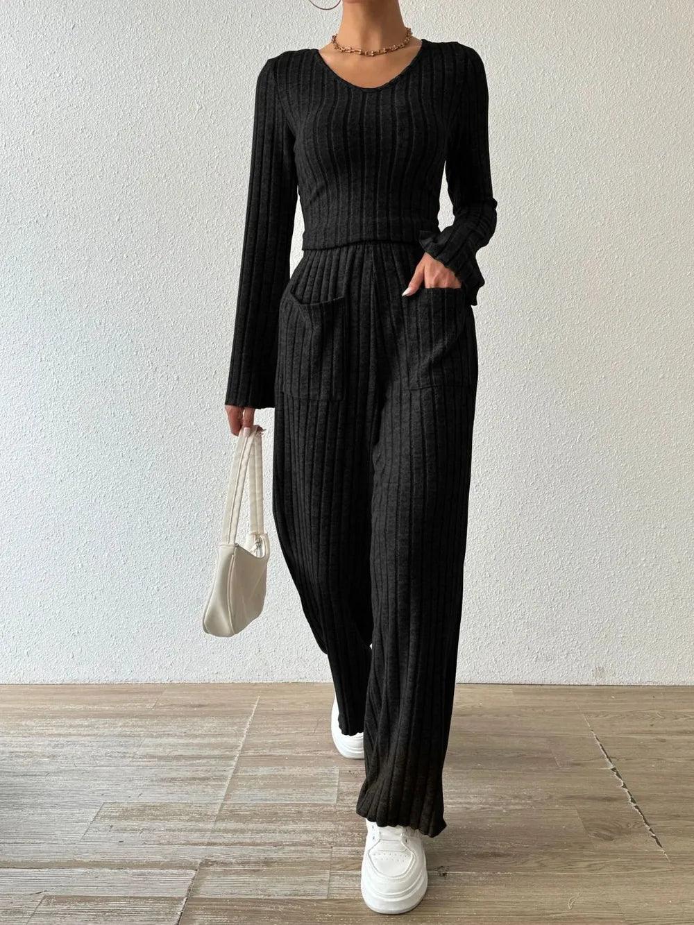 Ribbed V-Neck Long Sleeve Top and Pocketed Pants Set - Which Mark