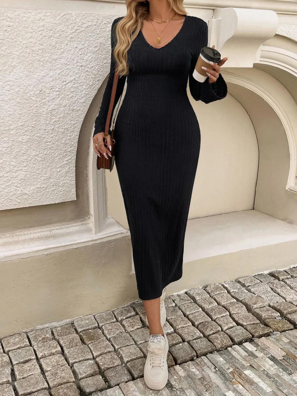 Devine Tied V-Neck Long Sleeve Sweater Dress - Which Mark