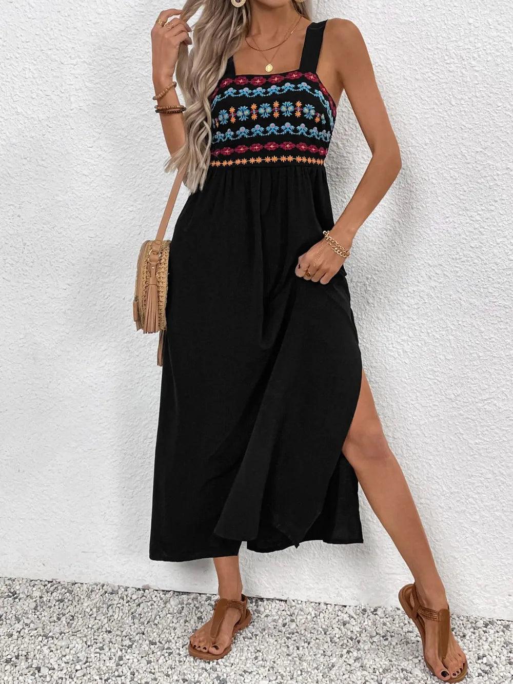 Perfee Embroidered Floral Side Slit Sleeveless Midi Dress - Which Mark