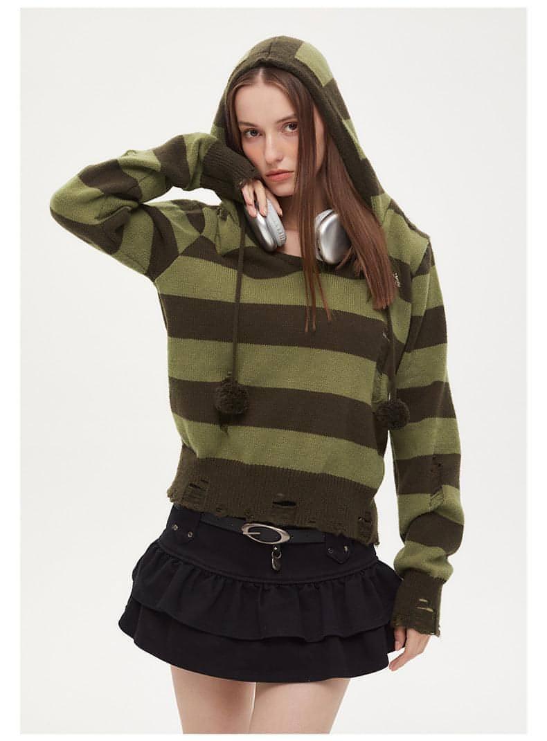 Autumn Hooded Sweater Women Contrast Stripe Thin - Which Mark