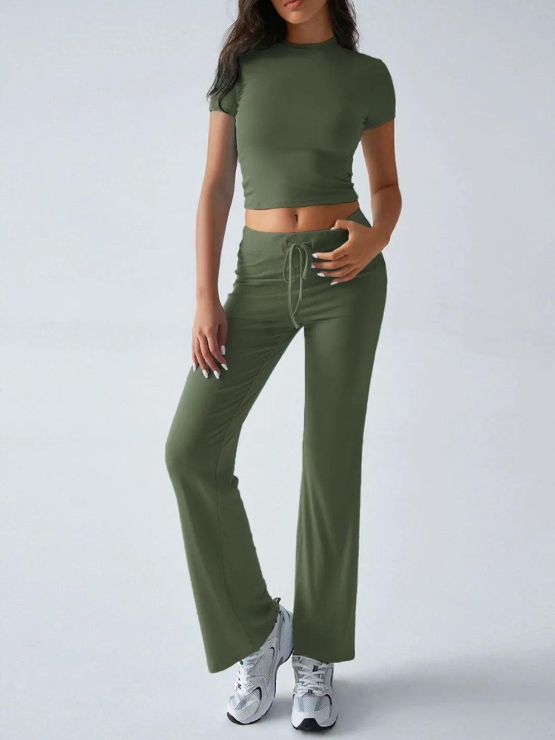 Round Neck Short Sleeve Top and Pants Set - Which Mark
