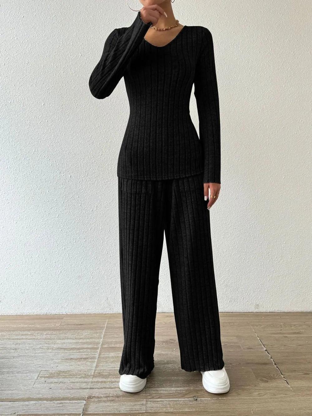 Ribbed V-Neck Long Sleeve Top and Pocketed Pants Set - Which Mark