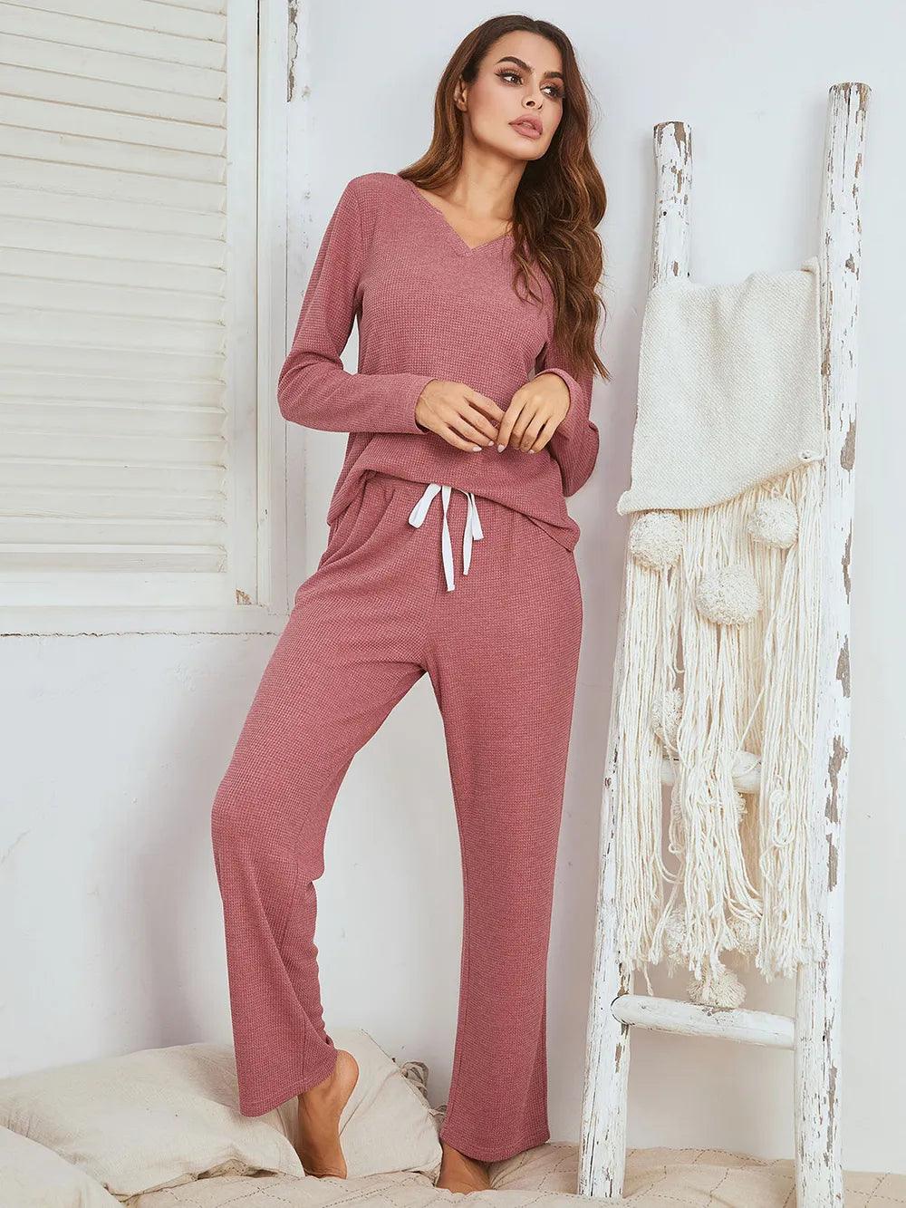 Notched Long Sleeve Top and Pants Set - Which Mark