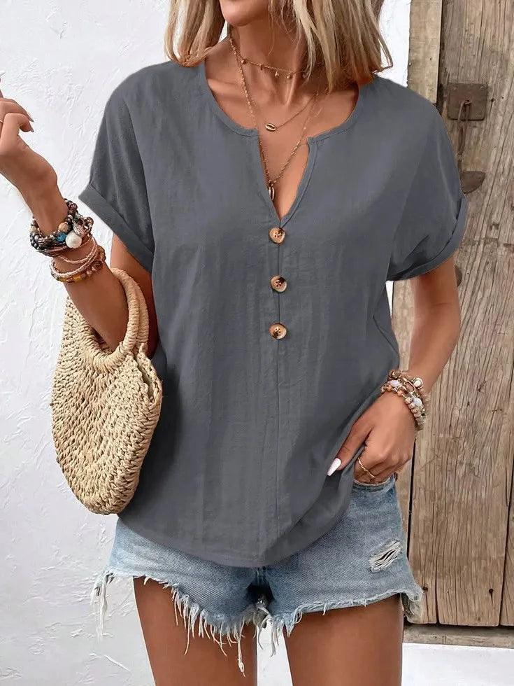 Full Size Notched Short Sleeve Top Plus Size - Which Mark
