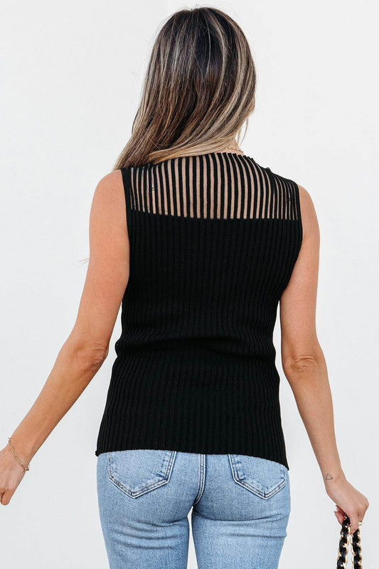 Black Ribbed Texture Mesh Cutout Knitted Sweater Vest - Which Mark