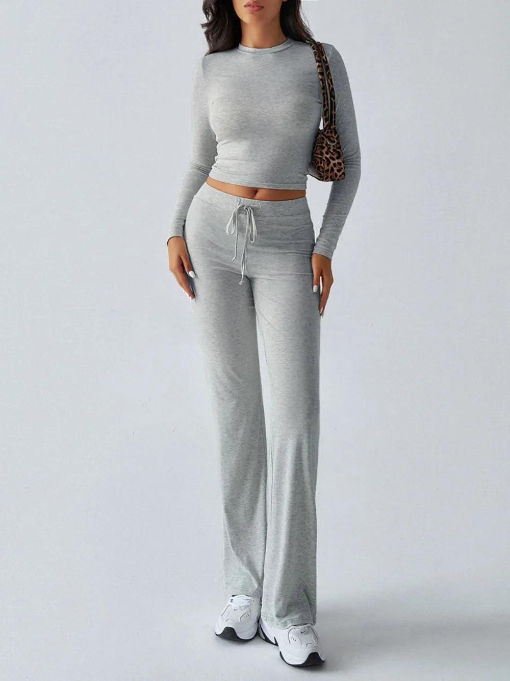 Devine Round Neck Long Sleeve Top and Drawstring Pants Set - Which Mark