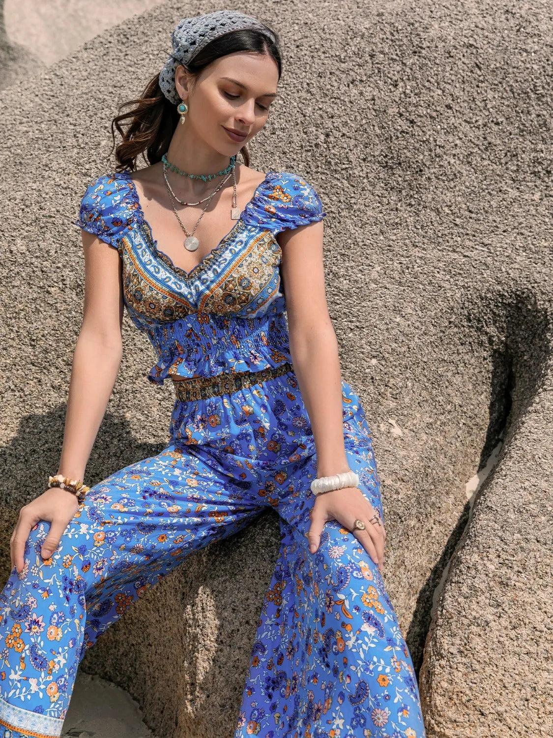 Printed V-Neck Top and Pants Set - Which Mark