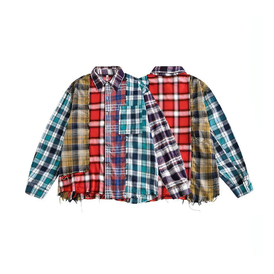 Multi-color Mosaic Plaid Fringed Hem Long Sleeve DressShirt Men - Which Mark