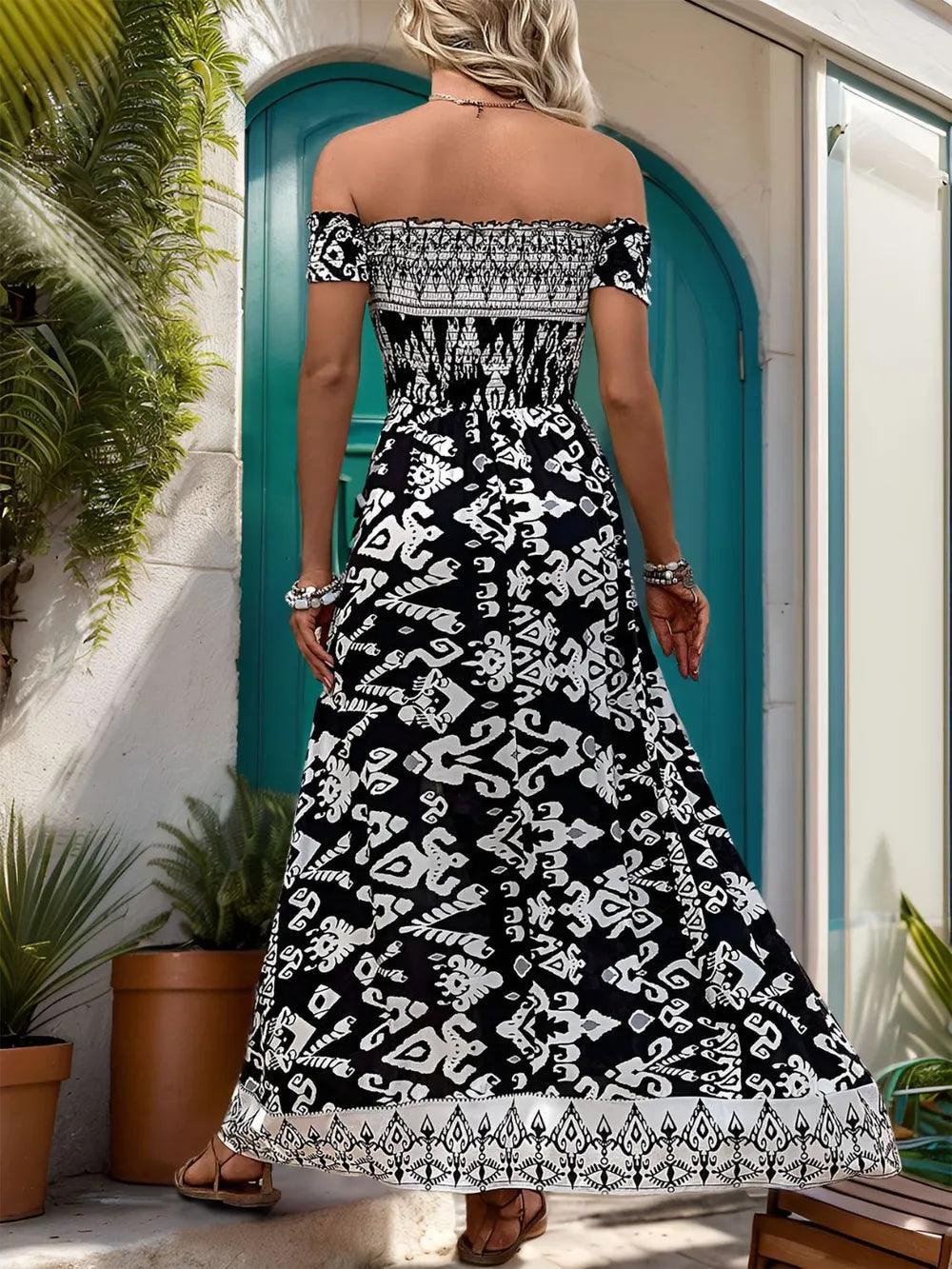 Perfee Slit Printed Off-Shoulder Dress - Which Mark