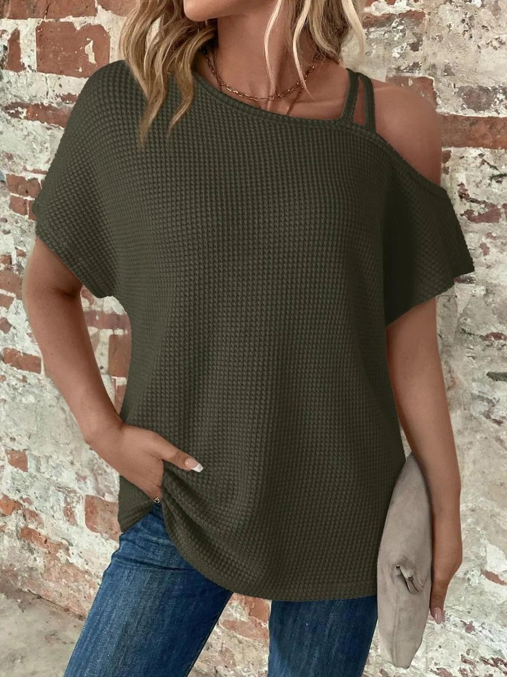 Asymmetrical Neck Short Sleeve T-Shirt - Which Mark