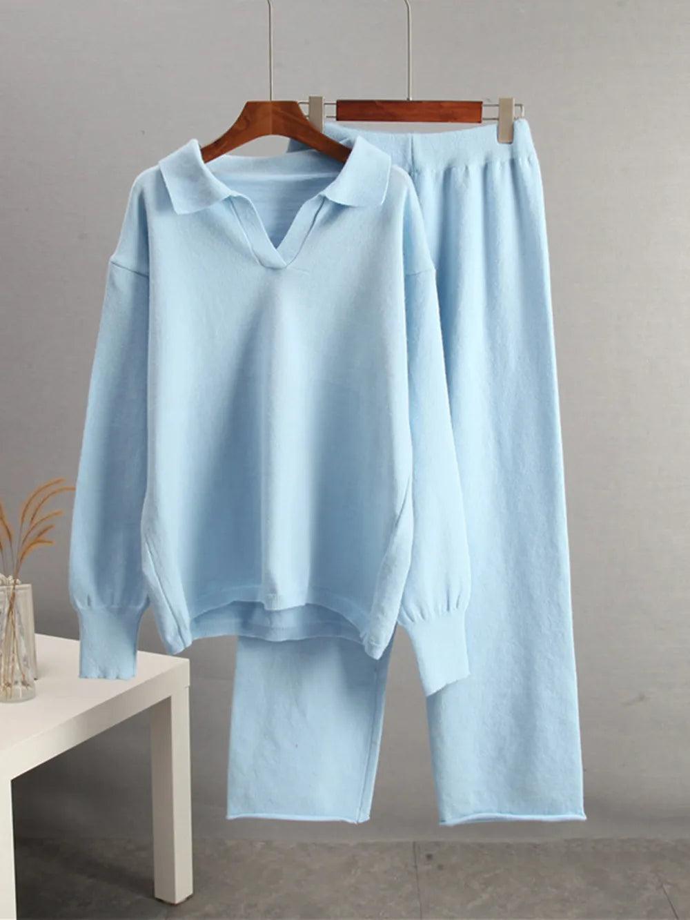 Johnny Collar Long Sleeve Top and Pants Sweater Set - Which Mark