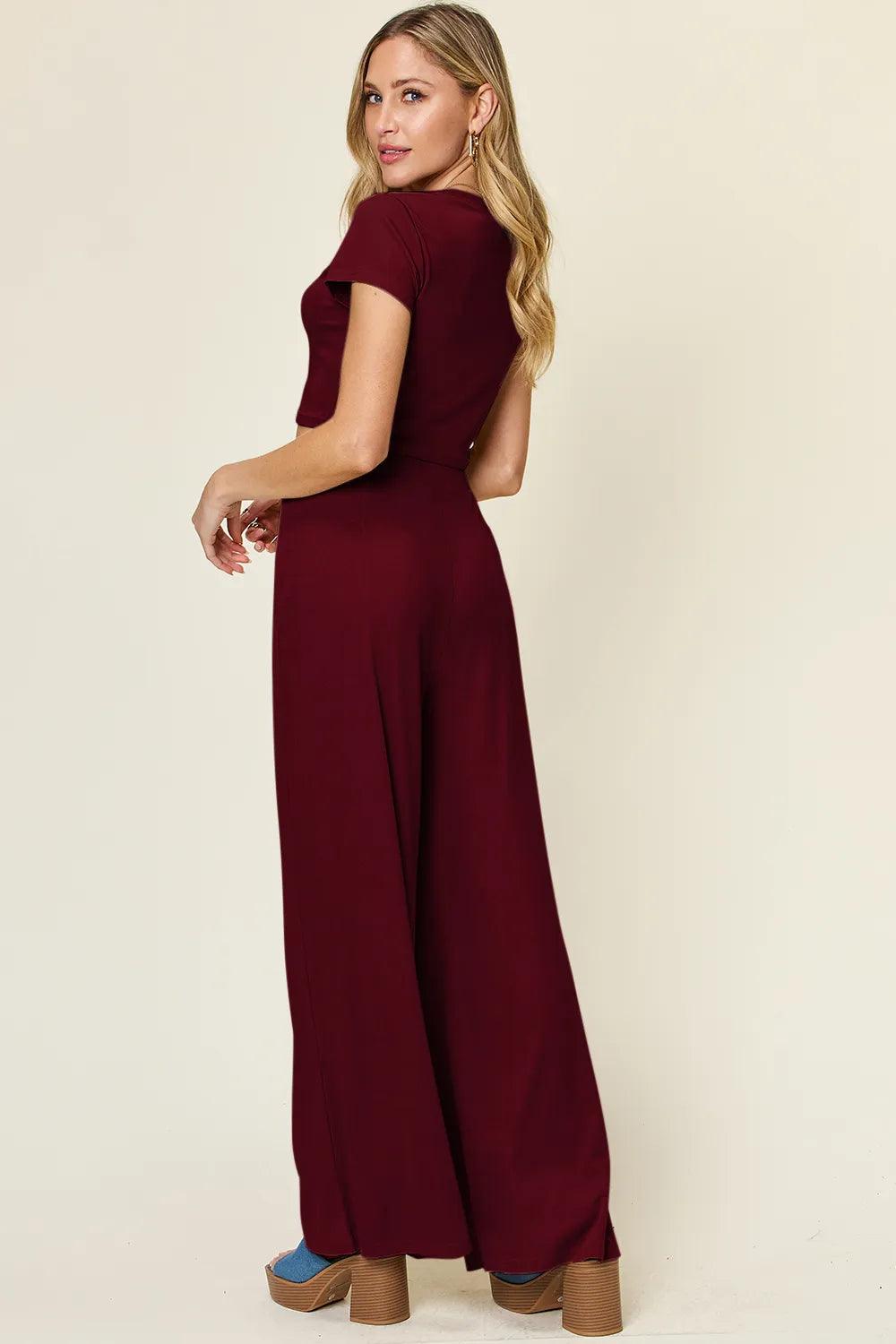 Double Take Full Size Round Neck Top and Pants Set - Which Mark