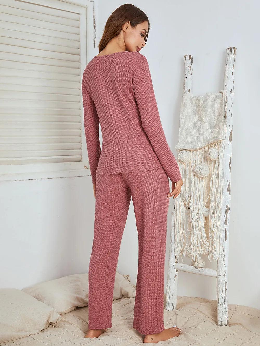 Notched Long Sleeve Top and Pants Set - Which Mark