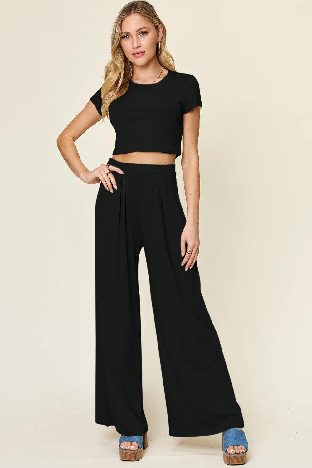 Double Take Full Size Round Neck Top and Pants Set - Which Mark