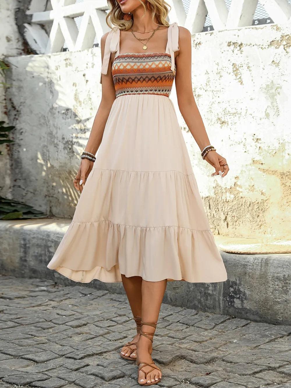 Tie Shoulder Square Neck Tiered Midi Dress - Which Mark