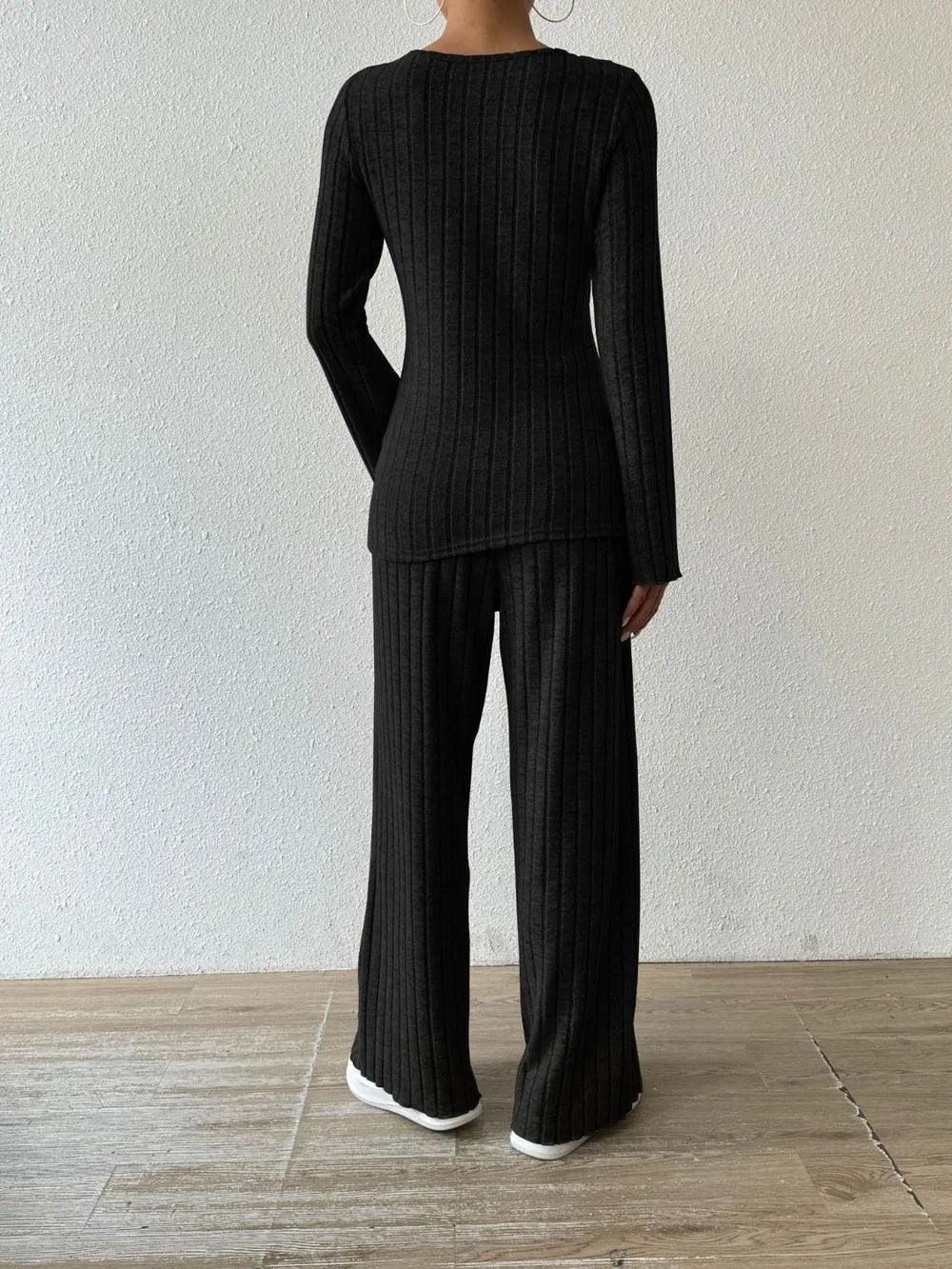 Ribbed V-Neck Long Sleeve Top and Pocketed Pants Set - Which Mark