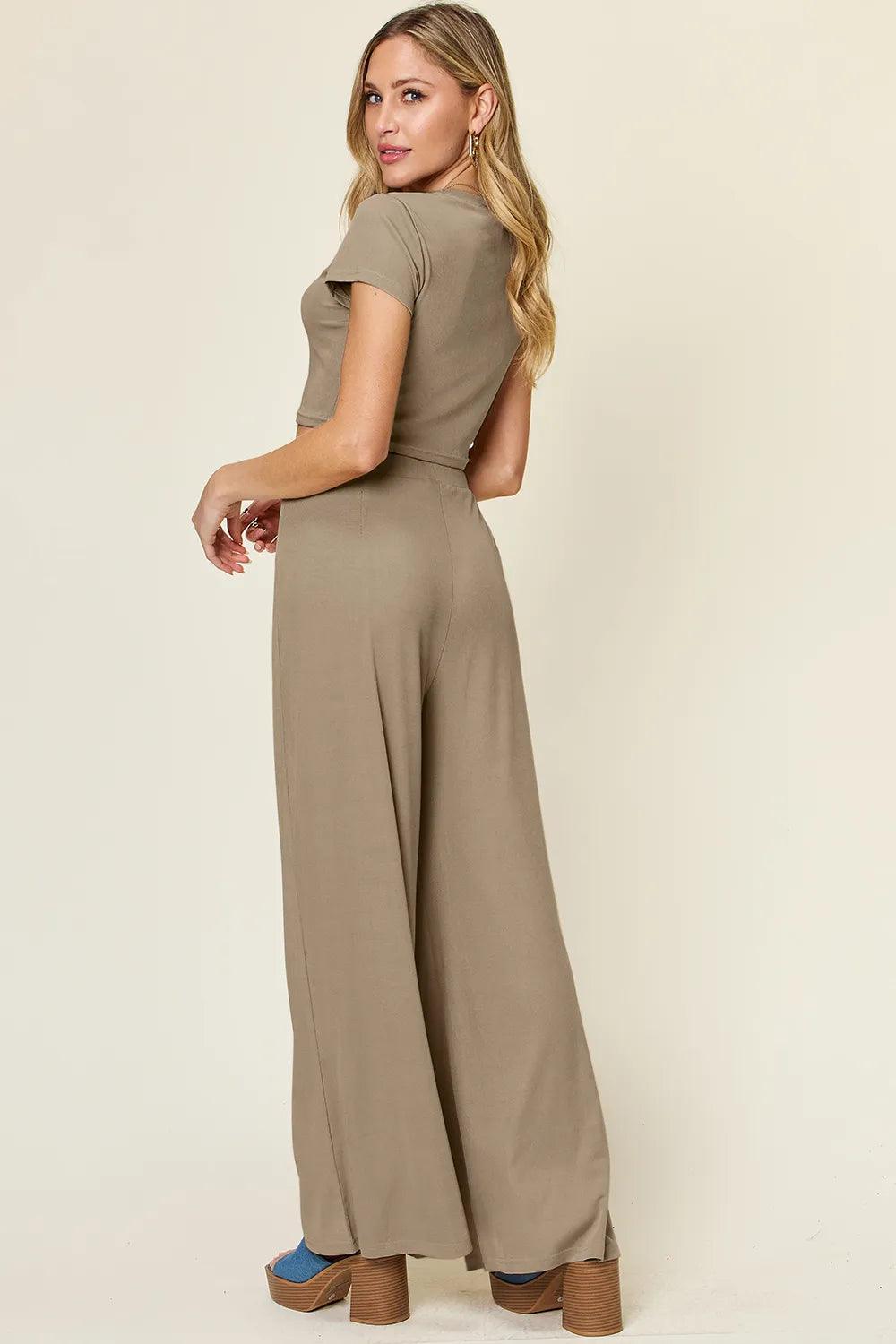 Double Take Full Size Round Neck Top and Pants Set - Which Mark
