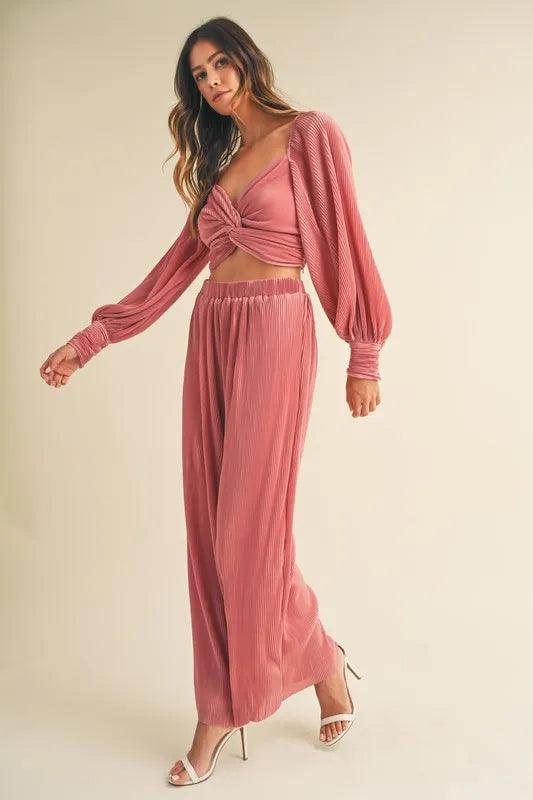 MABLE Front Twisted Long Sleeve Top and Pants Set - Which Mark