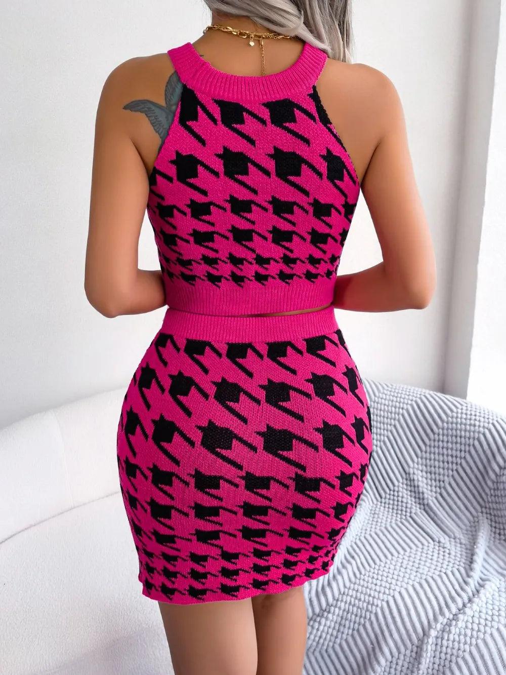 Houndstooth Sleeveless Top and Skirt Sweater Set - Which Mark