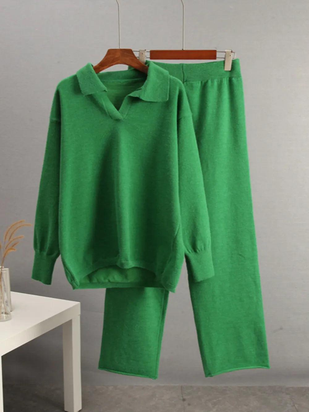 Johnny Collar Long Sleeve Top and Pants Sweater Set - Which Mark