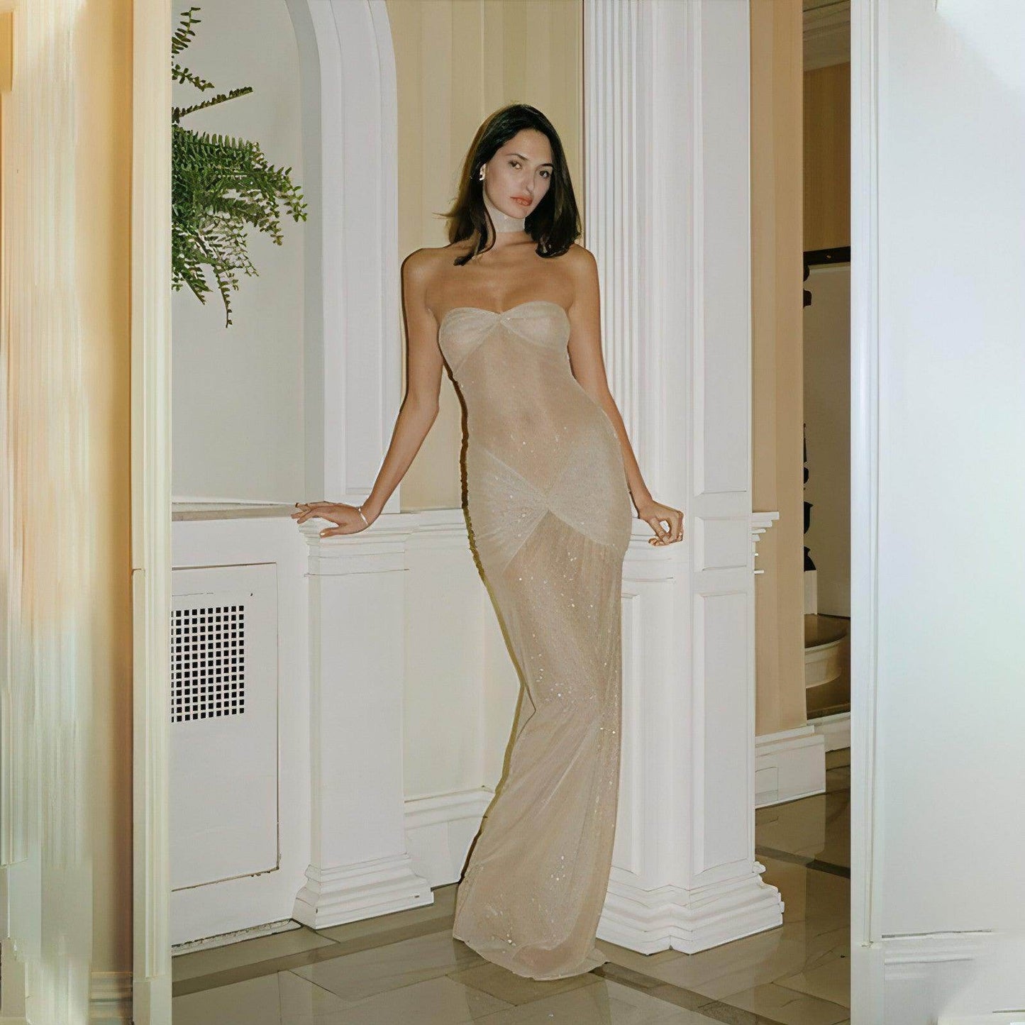 Lightly Chest-wrapped Sequins Slightly Transparent Fishtail Gown Dress - Which Mark