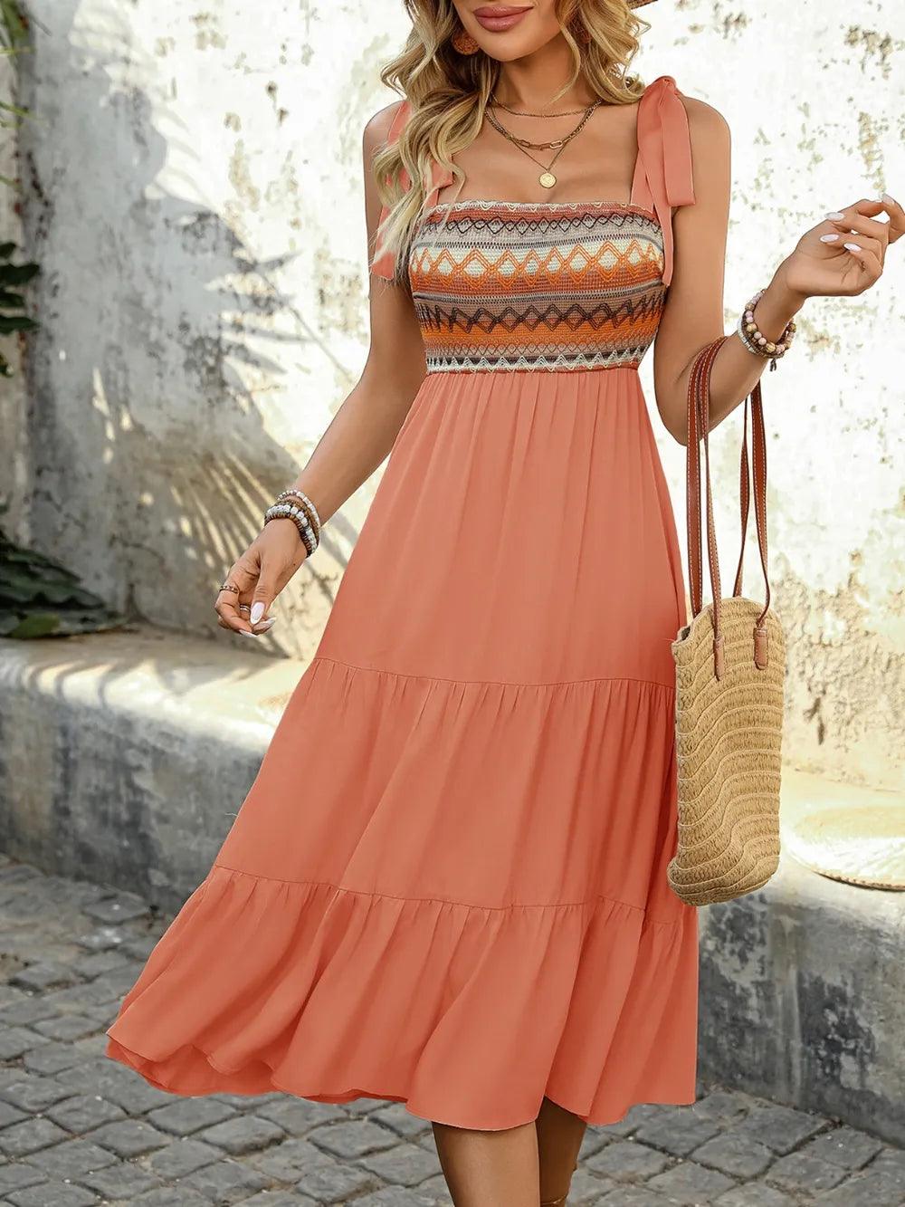 Tie Shoulder Square Neck Tiered Midi Dress - Which Mark