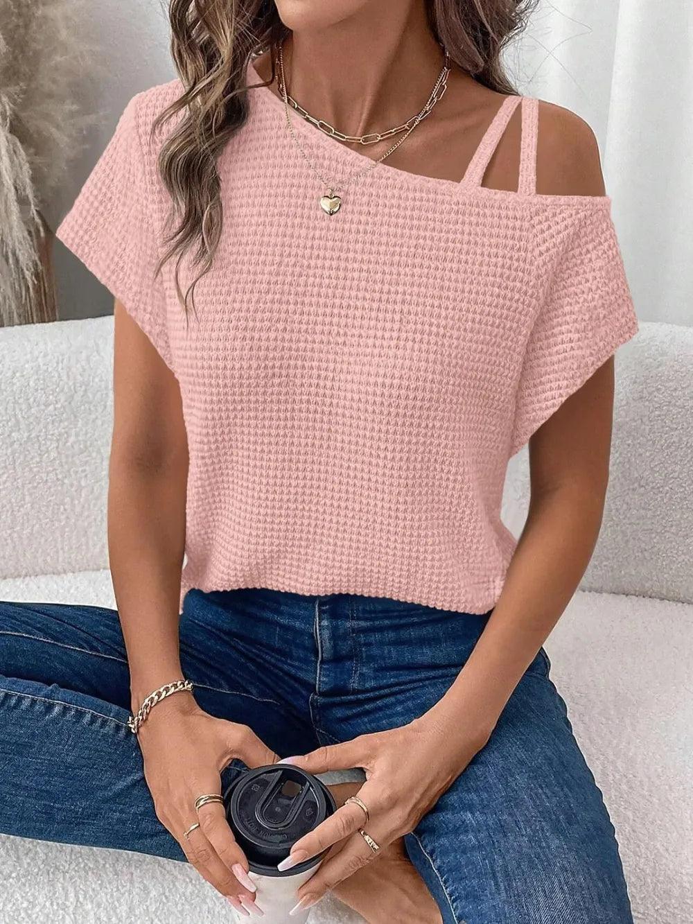 Asymmetrical Neck Short Sleeve T-Shirt - Which Mark