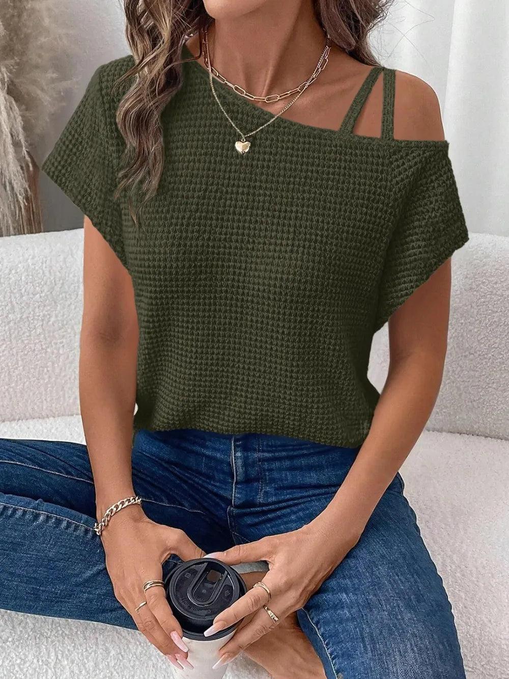 Asymmetrical Neck Short Sleeve T-Shirt - Which Mark