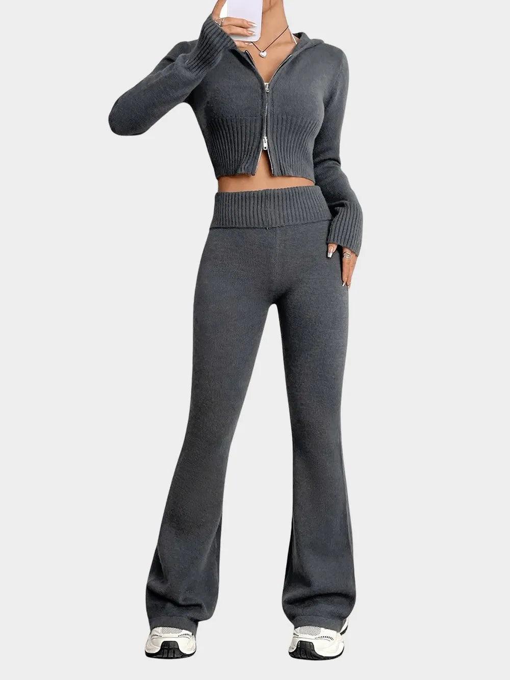 Zip Up Hooded Top and Flare Pants Sweater Set - Which Mark