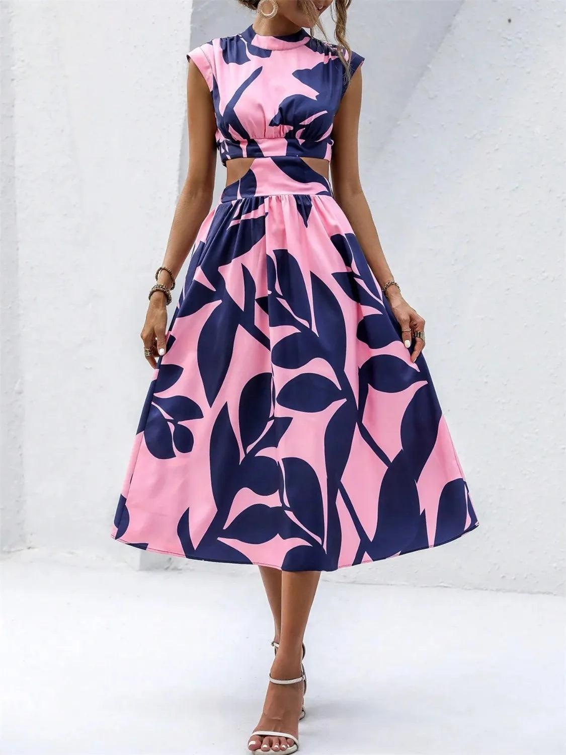 Cutout Printed Cap Sleeve Midi Dress - Which Mark