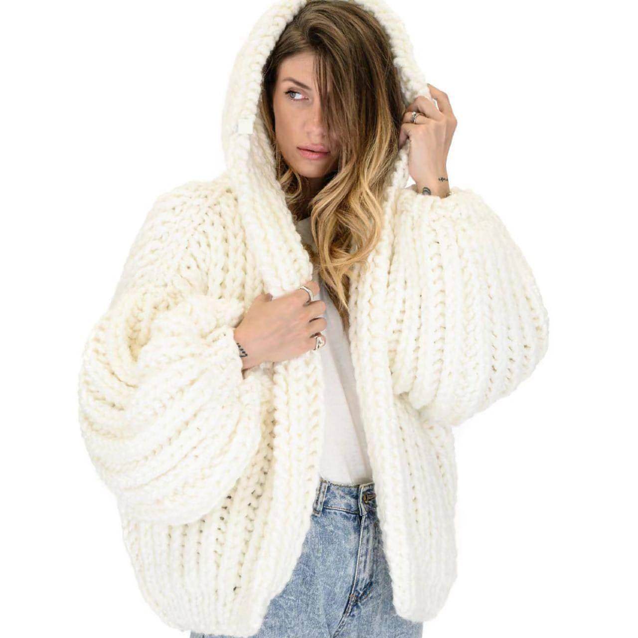 Loose And Hooded Cardigan Coat Handmade Knitting Needle Women's - Which Mark
