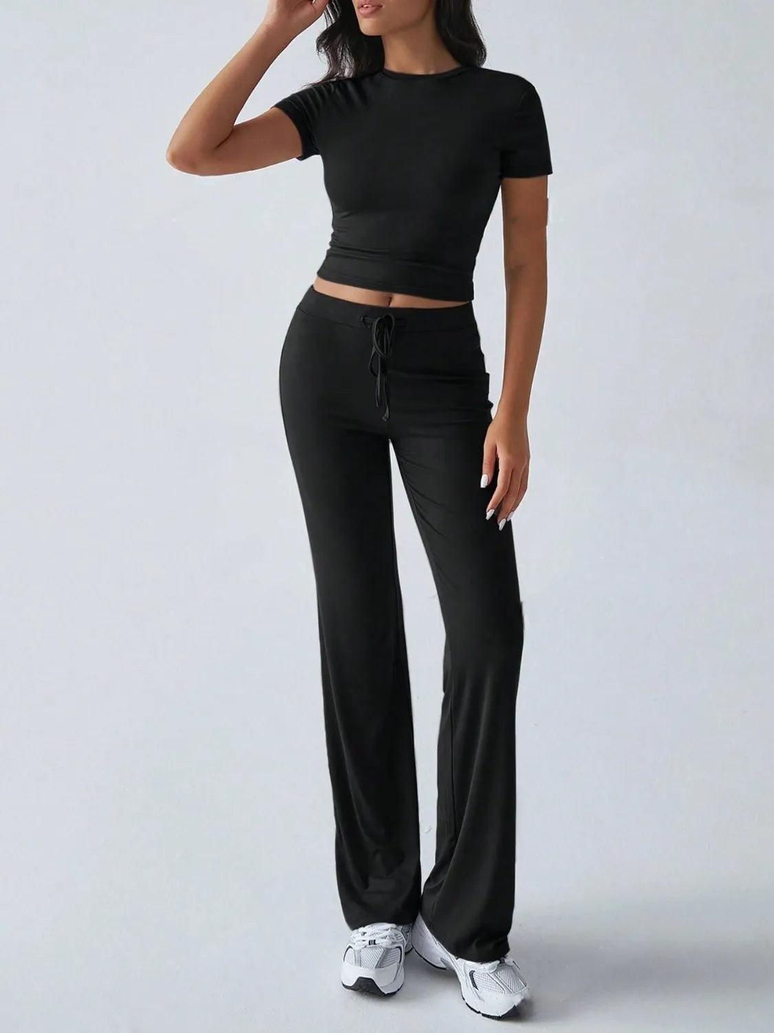 Round Neck Short Sleeve Top and Pants Set - Which Mark