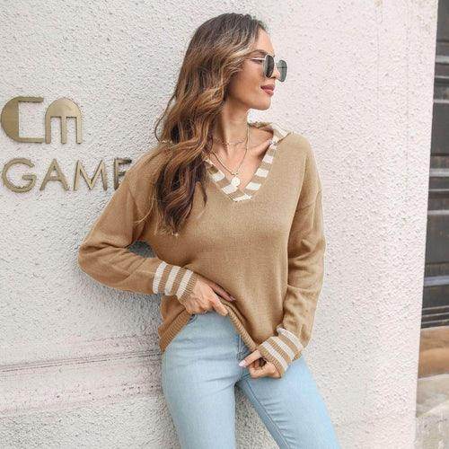 Striped Lapel Sweater Women's - Which Mark