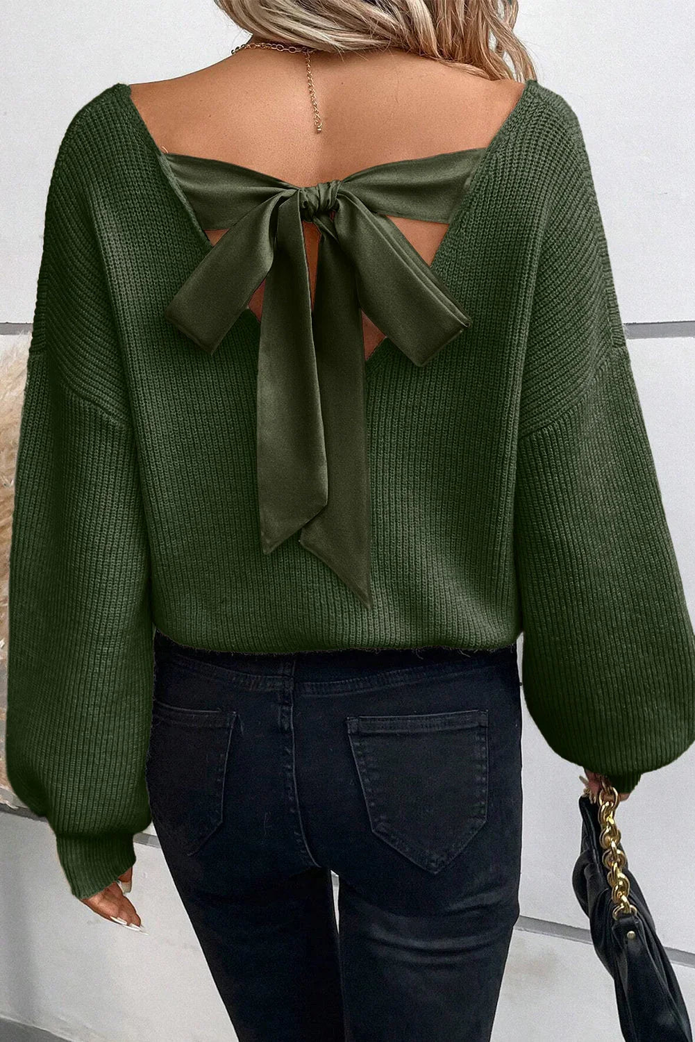 Jungle Green Lantern Sleeve V Neck Knot Back Sweater - Which Mark