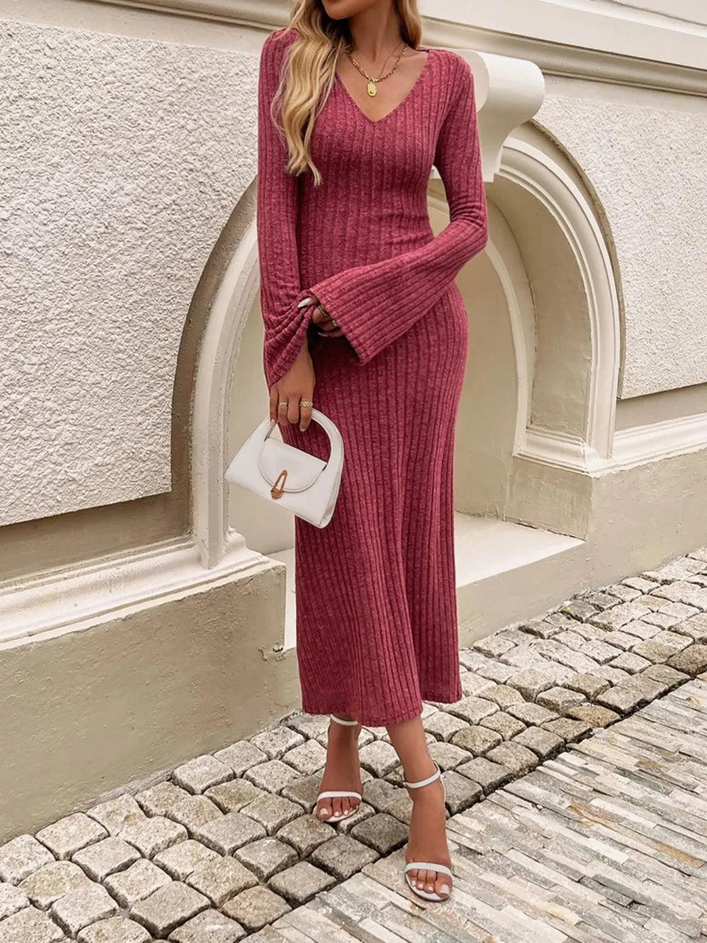 Devine Tied V-Neck Long Sleeve Sweater Dress - Which Mark