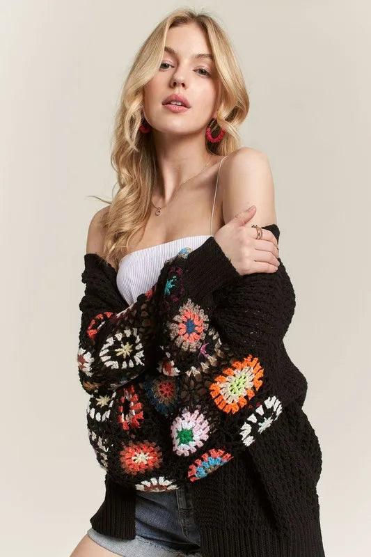 ADORA Full Size Contrast Crochet Open Front Long Sleeve Cardigan Plus Size - Which Mark