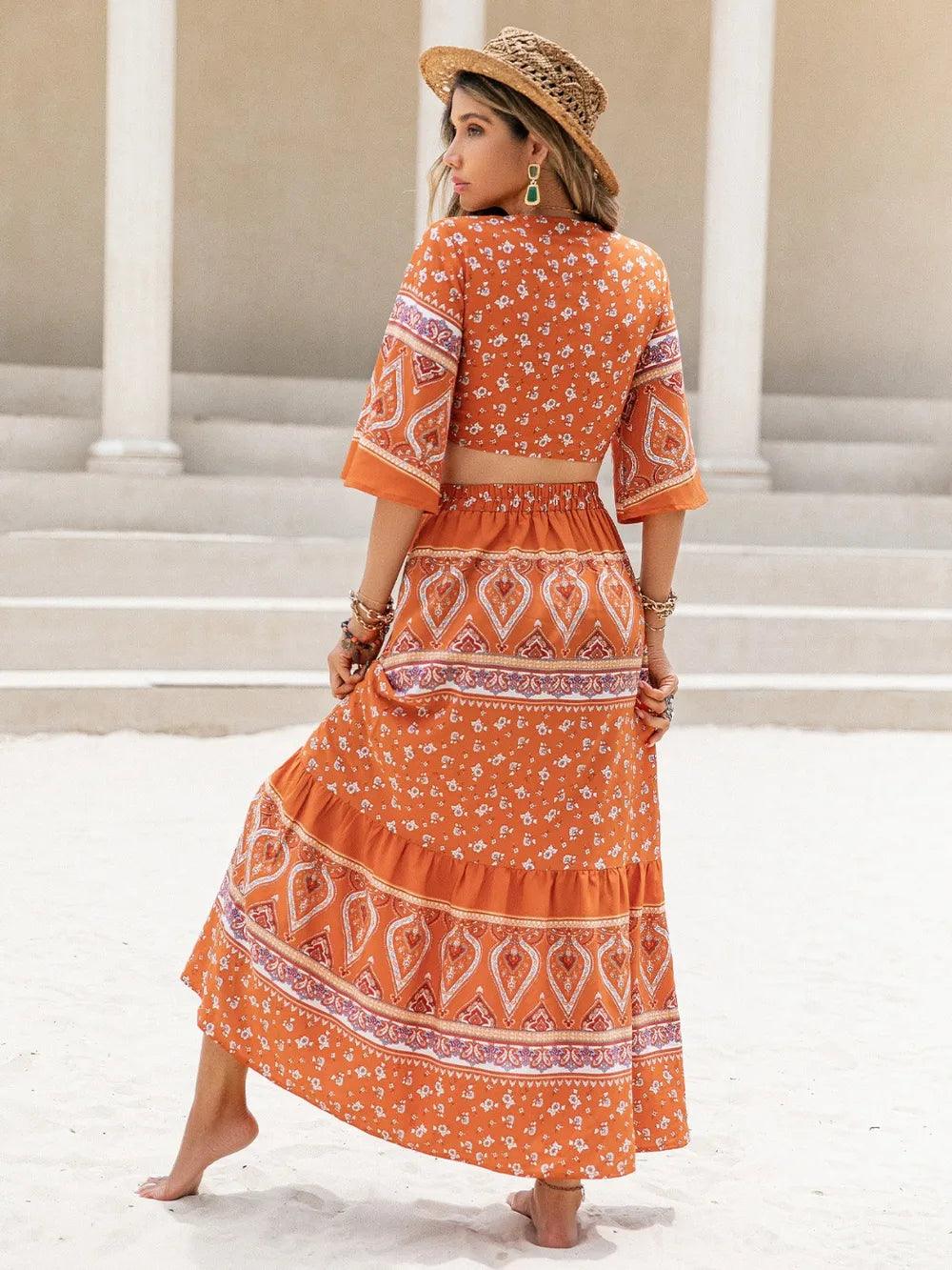 Printed Plunge Half Sleeve Top and Skirt Set - Which Mark