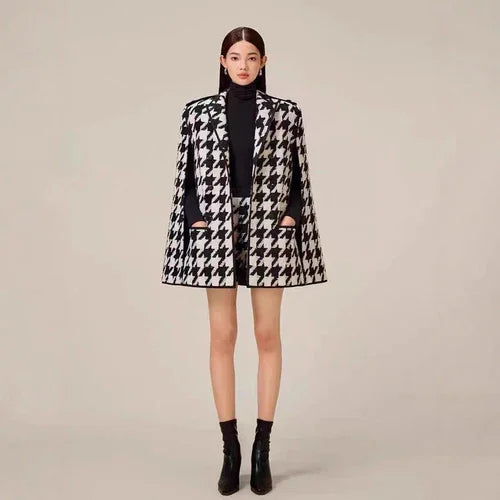 Houndstooth Woolen Cape Coat & Shorts – Elegant & Fashionable Set - Which Mark