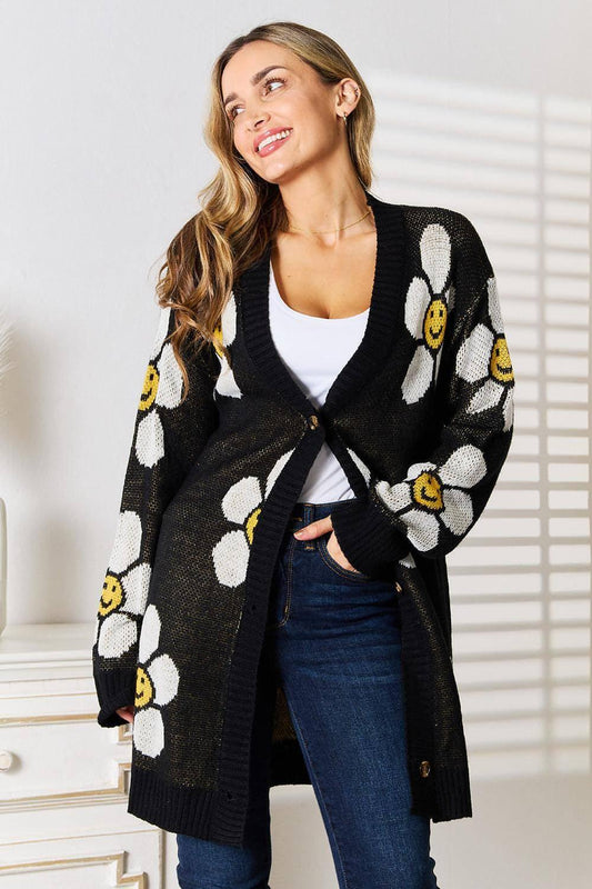 Perfee Floral Button Down Longline Cardigan - Which Mark