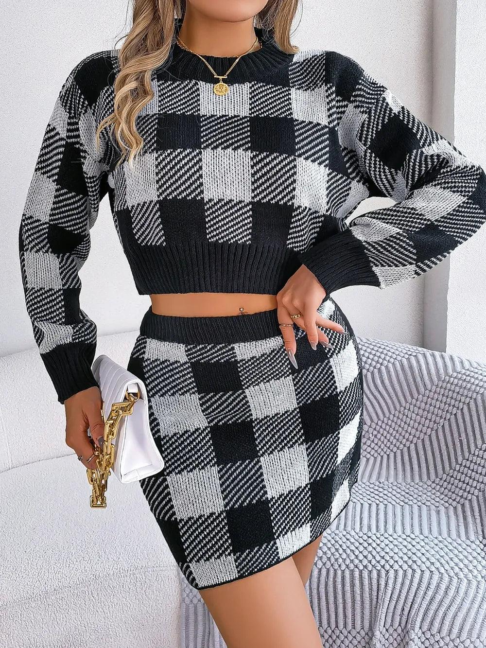 Plaid Round Neck Top and Skirt Sweater Set - Which Mark