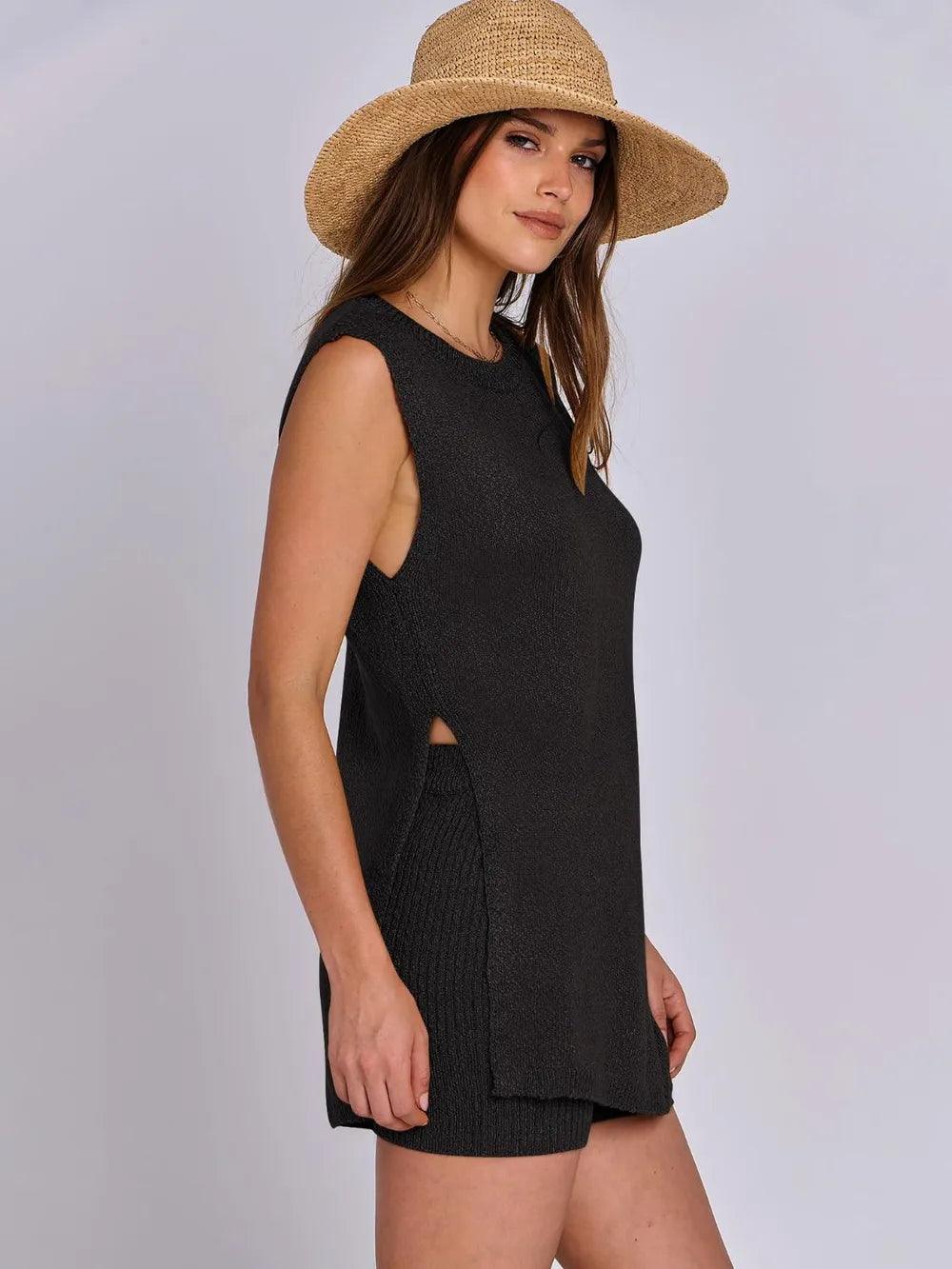 Mandy Side Slit Round Neck Tank and Shorts Sweater Set - Which Mark