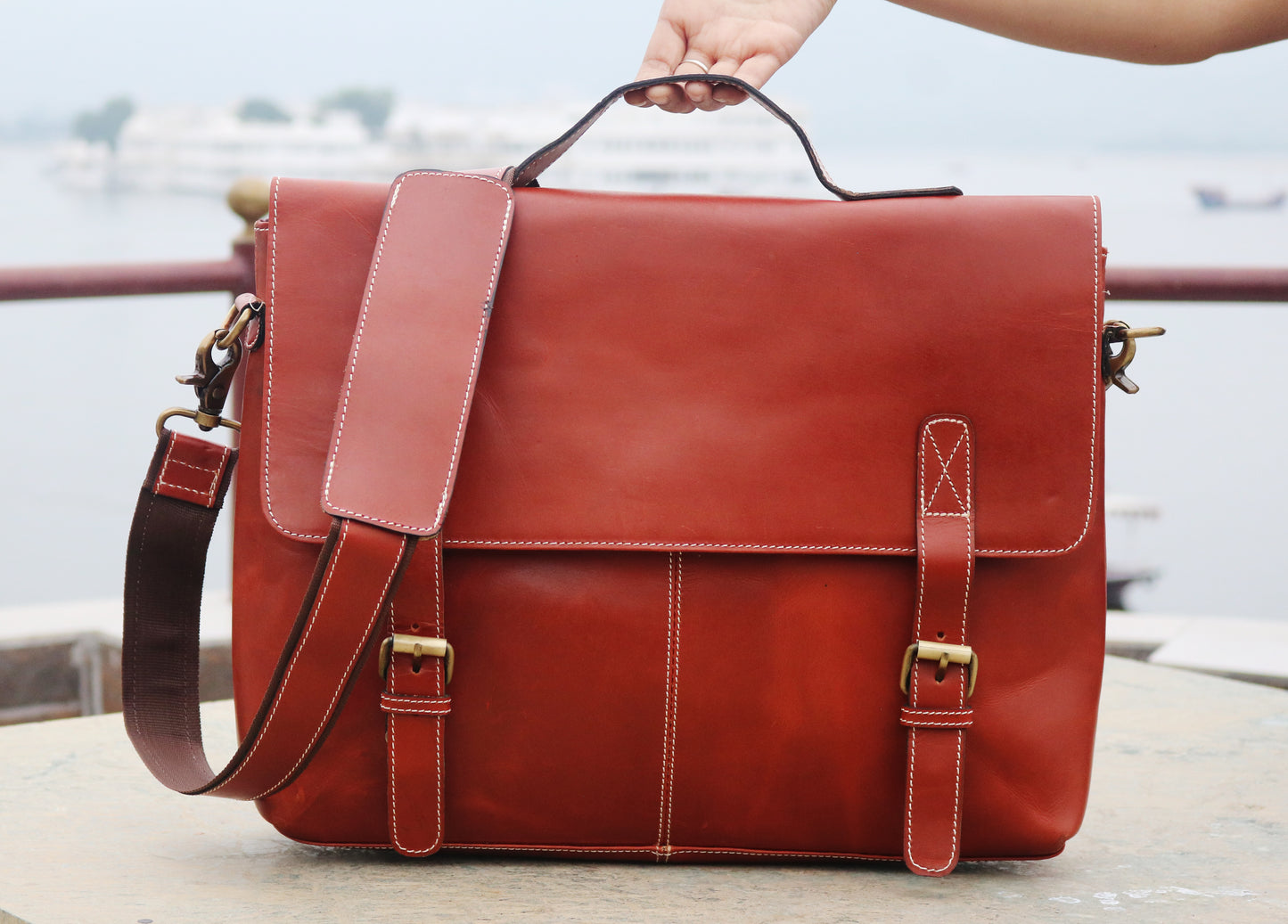 Handmade Orange Handle Leather Laptop Bag.