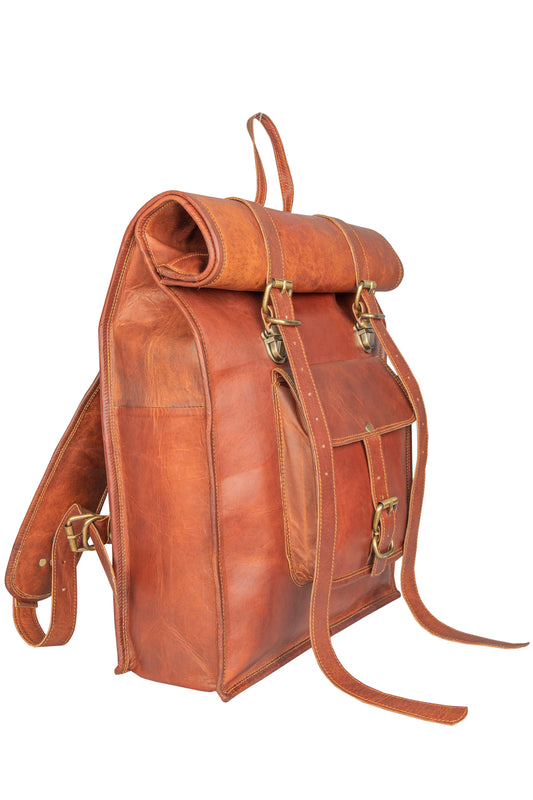 Genuine Leather Retro Rucksack Rolling Backpack Bag .