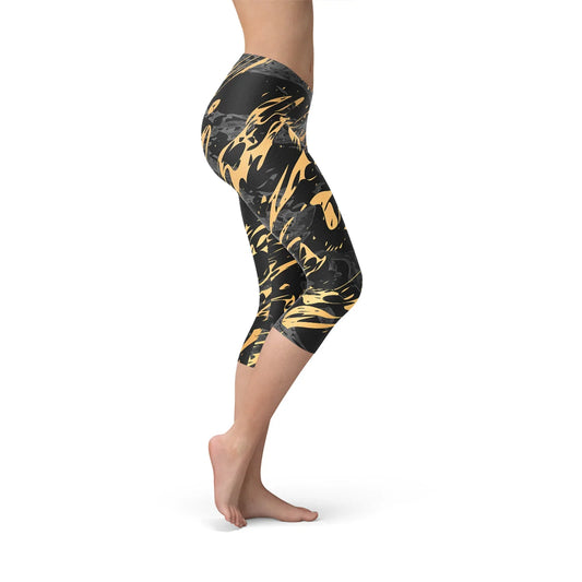 Womens Black Marble w/ Gold Splash Capri Leggings - Which Mark