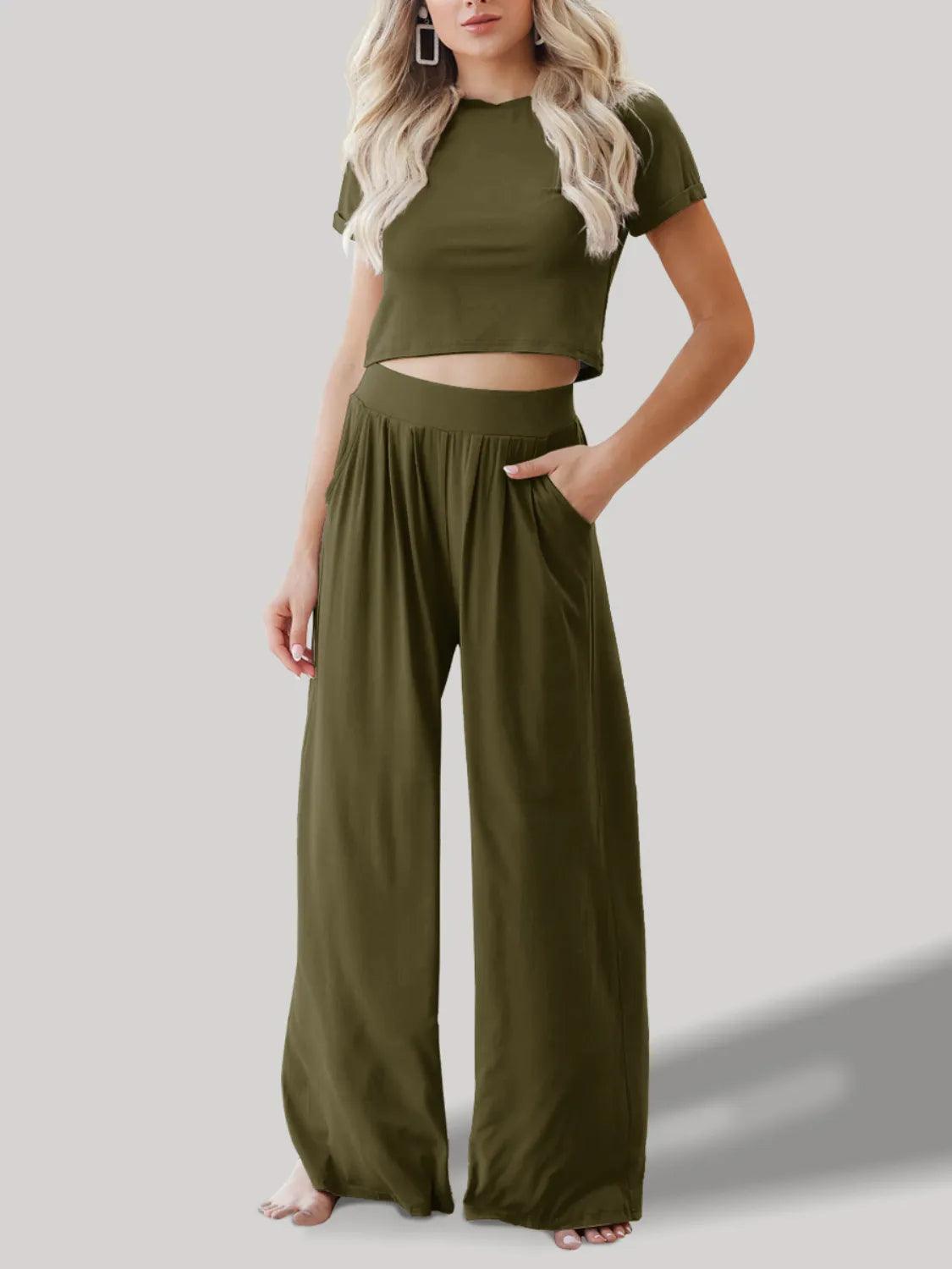 Round Neck Short Sleeve Top and Pants Set - Which Mark